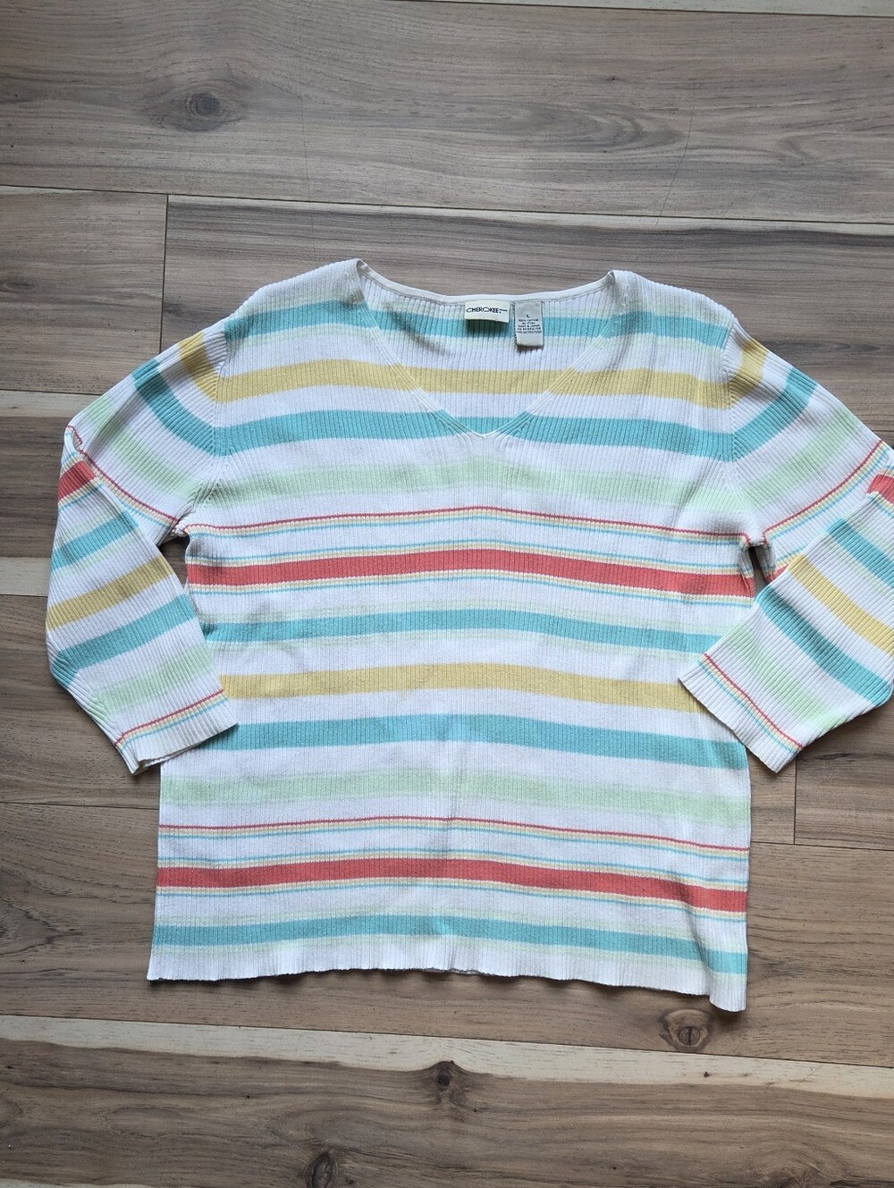 Cherokee Vintage Striped Ribbed Knit Top Women's Size L Pastel Multi V-Neck